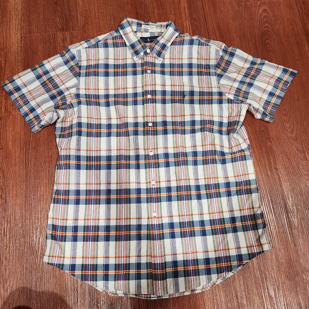 Ralph Lauren Plaid Bleeding Madras India Short Sleeve Button Down Shirt